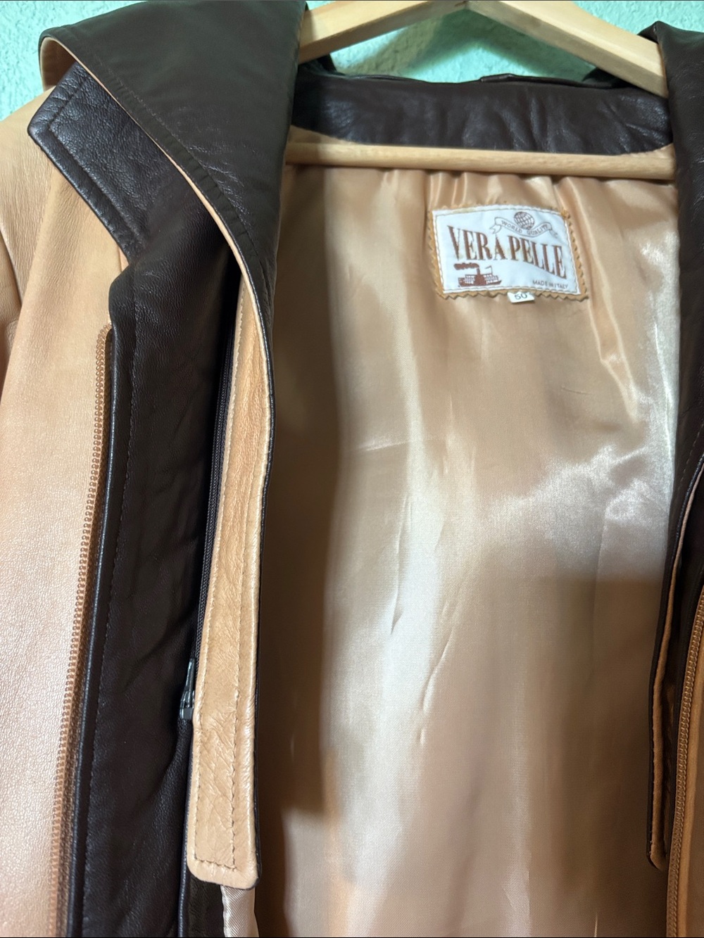 Vintage Vera Pelle Tan Vegan Leather Jacket with Brown Hood Women’s Medium Fair - Picture 8 of 10